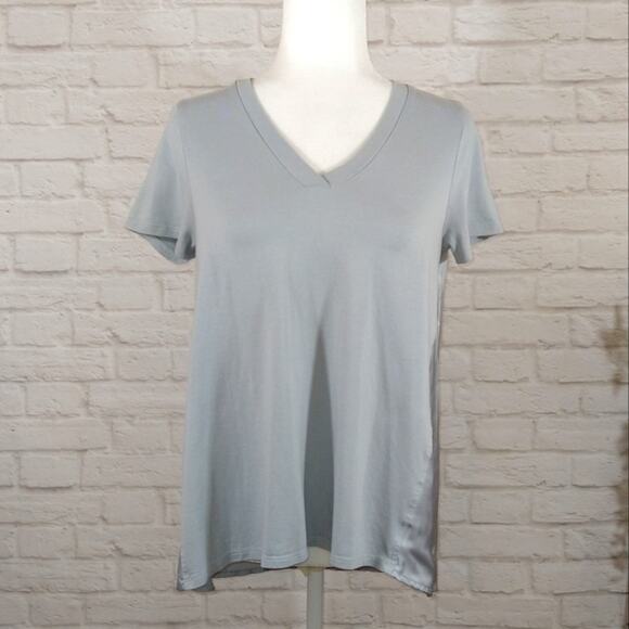 Kaari Blue Womens Grey V Neck Contrast Satin Silky Back Hi Low Top Tee Shirt XS - Picture 3 of 11